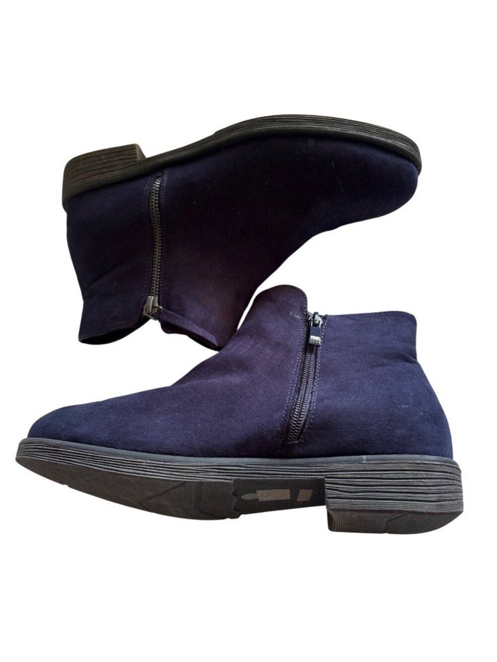 Size 11 Womens Navy Blue Suede Ankle Boots Side Zippers Rubber Sole Comfortable